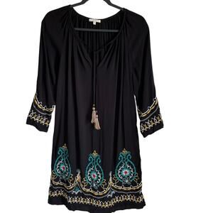 Kate & Sam Boho Dress Embroidered Tassels 3/4 Bell Sleeves Black Sz M Hippie